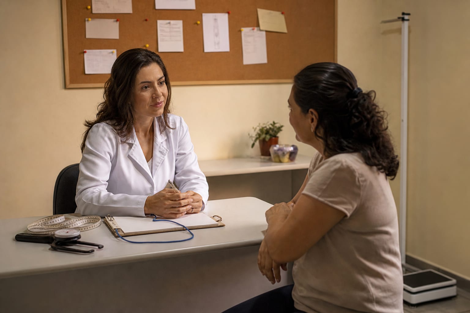 Nutricionista conversa com paciente em consultório, com fita métrica e adipômetro sobre a mesa