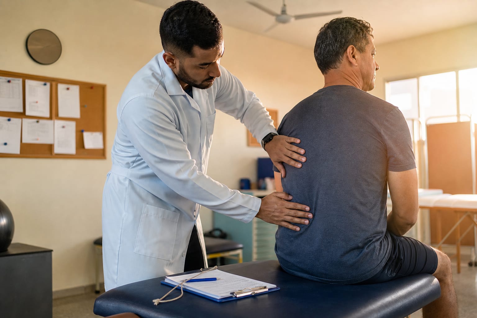 Fisioterapeuta avalia mobilidade lombar de paciente sentado na maca em clínica