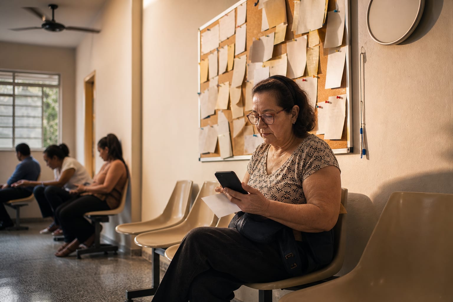 Paciente sentada em poltrona de sala de espera de consultório responde a um formulário no celular, com porta de vidro canelado ao fundo
